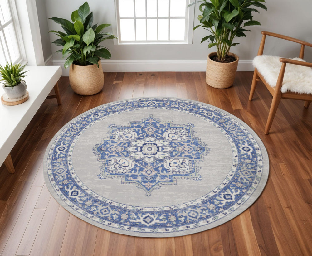 Homeroots 8' Stunning Floral Round Rug In Ivory, Blue & Gray - Durable, Stain-resistant, Ideal For Homes  Polyester 552314