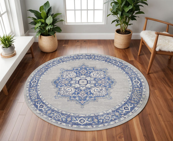 Homeroots 8' Stunning Floral Round Rug In Ivory, Blue & Gray - Durable, Stain-resistant, Ideal For Homes  Polyester 552314