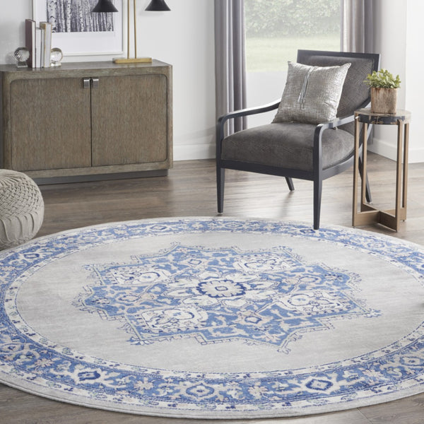 Homeroots 8' Stunning Floral Round Rug In Ivory, Blue & Gray - Durable, Stain-resistant, Ideal For Homes  Polyester 552314