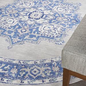 Homeroots 8' Stunning Floral Round Rug In Ivory, Blue & Gray - Durable, Stain-resistant, Ideal For Homes  Polyester 552314