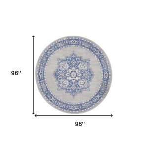 Homeroots 8' Stunning Floral Round Rug In Ivory, Blue & Gray - Durable, Stain-resistant, Ideal For Homes  Polyester 552314