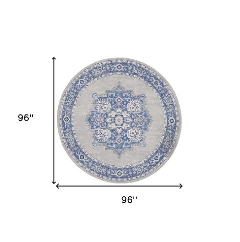 Homeroots 8' Stunning Floral Round Rug In Ivory, Blue & Gray - Durable, Stain-resistant, Ideal For Homes  Polyester 552314