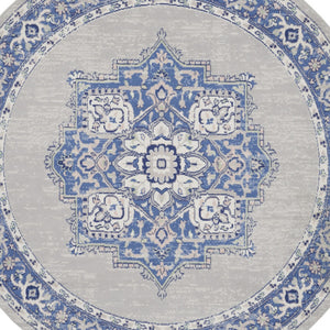 Homeroots 8' Stunning Floral Round Rug In Ivory, Blue & Gray - Durable, Stain-resistant, Ideal For Homes  Polyester 552314