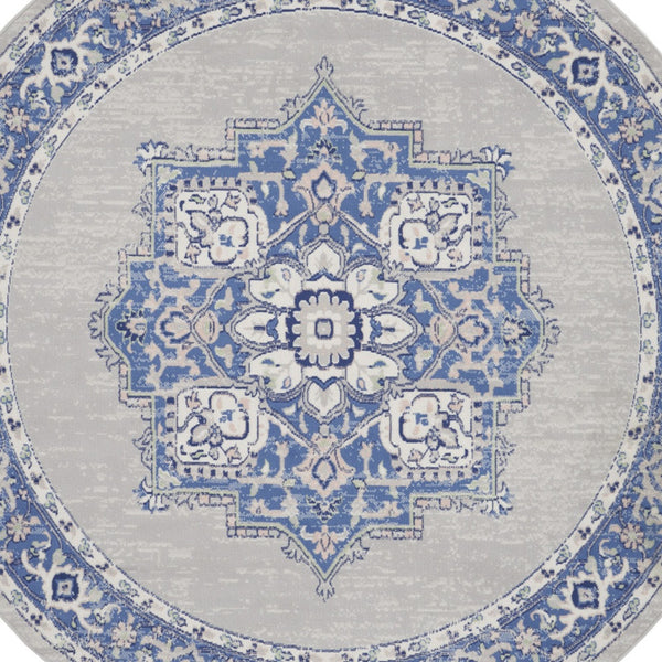 Homeroots 8' Stunning Floral Round Rug In Ivory, Blue & Gray - Durable, Stain-resistant, Ideal For Homes  Polyester 552314