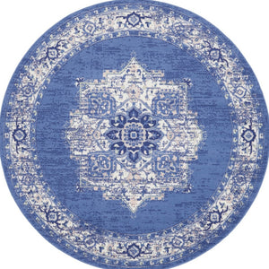 HomeRoots 8' Ivory Navy Blue and Beige Floral Medallion Area Rug - Stylish Non-Skid, Stain-Resistant Design for Homes 8' Round 552315