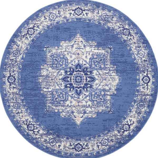 HomeRoots 8' Ivory Navy Blue and Beige Floral Medallion Area Rug - Stylish Non-Skid, Stain-Resistant Design for Homes 8' Round 552315