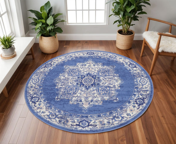 HomeRoots 8' Ivory Navy Blue and Beige Floral Medallion Area Rug - Stylish Non-Skid, Stain-Resistant Design for Homes 8' Round 552315