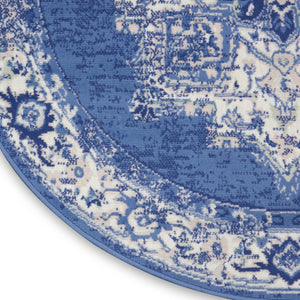 HomeRoots 8' Ivory Navy Blue and Beige Floral Medallion Area Rug - Stylish Non-Skid, Stain-Resistant Design for Homes 8' Round 552315