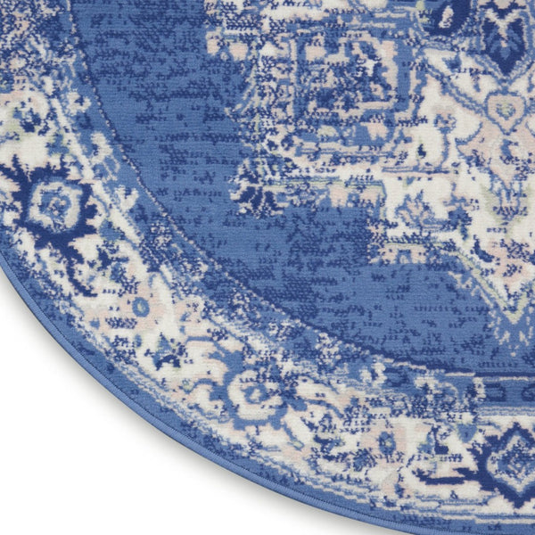 HomeRoots 8' Ivory Navy Blue and Beige Floral Medallion Area Rug - Stylish Non-Skid, Stain-Resistant Design for Homes 8' Round 552315