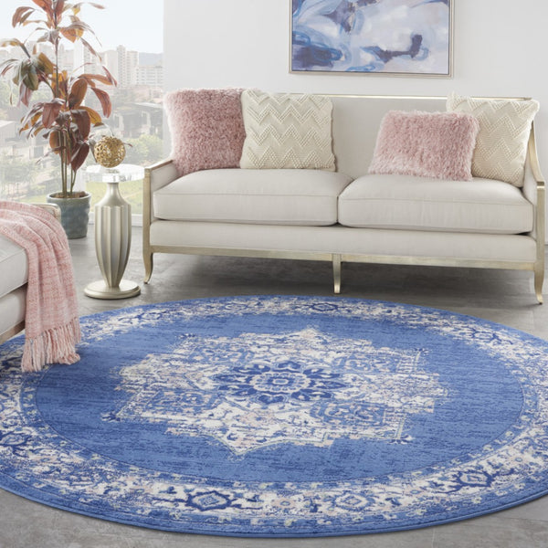 HomeRoots 8' Ivory Navy Blue and Beige Floral Medallion Area Rug - Stylish Non-Skid, Stain-Resistant Design for Homes 8' Round 552315
