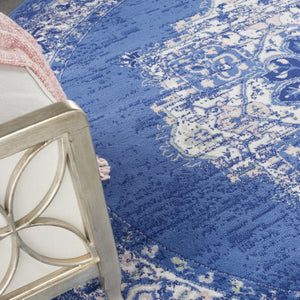 HomeRoots 8' Ivory Navy Blue and Beige Floral Medallion Area Rug - Stylish Non-Skid, Stain-Resistant Design for Homes 8' Round 552315