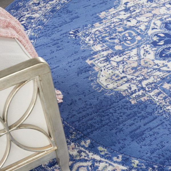 HomeRoots 8' Ivory Navy Blue and Beige Floral Medallion Area Rug - Stylish Non-Skid, Stain-Resistant Design for Homes 8' Round 552315
