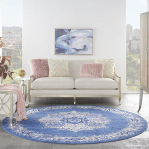 HomeRoots 8' Ivory Navy Blue and Beige Floral Medallion Area Rug - Stylish Non-Skid, Stain-Resistant Design for Homes 8' Round 552315