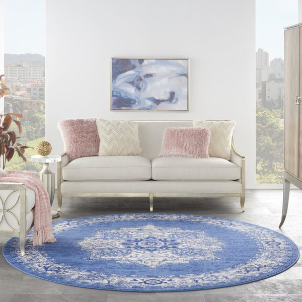 HomeRoots 8' Ivory Navy Blue and Beige Floral Medallion Area Rug - Stylish Non-Skid, Stain-Resistant Design for Homes 8' Round 552315