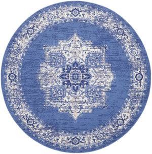 HomeRoots 8' Ivory Navy Blue and Beige Floral Medallion Area Rug - Stylish Non-Skid, Stain-Resistant Design for Homes 8' Round 552315