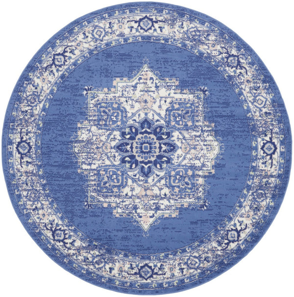 HomeRoots 8' Ivory Navy Blue and Beige Floral Medallion Area Rug - Stylish Non-Skid, Stain-Resistant Design for Homes 8' Round 552315
