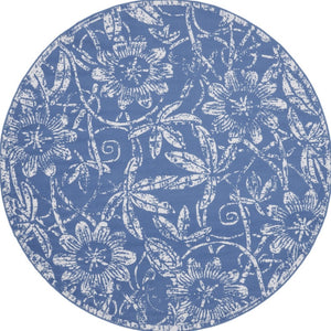 Homeroots 8' Ivory And Blue Floral Distressed Round Rug - Durable, Stain-resistant, Perfect For Kids & Pets!  Polyester 552316