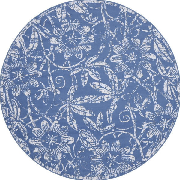 Homeroots 8' Ivory And Blue Floral Distressed Round Rug - Durable, Stain-resistant, Perfect For Kids & Pets!  Polyester 552316