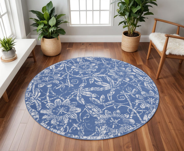 Homeroots 8' Ivory And Blue Floral Distressed Round Rug - Durable, Stain-resistant, Perfect For Kids & Pets!  Polyester 552316