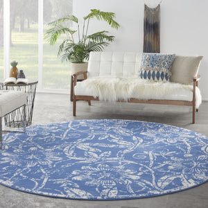HomeRoots 8' Ivory and Blue Floral Rug - Timeless Distressed Design for Cozy Living Spaces and Easy Care 8' Round 552316