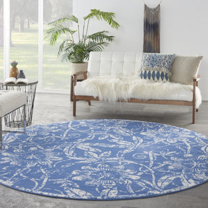 Homeroots 8' Ivory And Blue Floral Distressed Round Rug - Durable, Stain-resistant, Perfect For Kids & Pets!  Polyester 552316