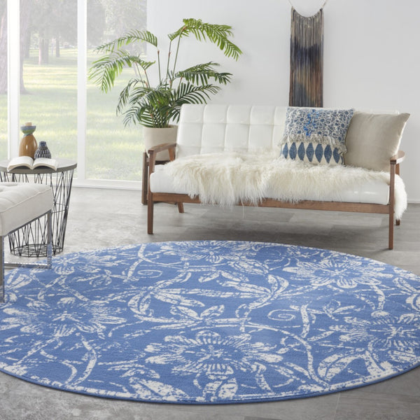 Homeroots 8' Ivory And Blue Floral Distressed Round Rug - Durable, Stain-resistant, Perfect For Kids & Pets!  Polyester 552316