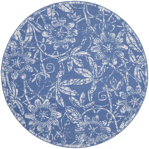 HomeRoots 8' Ivory and Blue Floral Rug - Timeless Distressed Design for Cozy Living Spaces and Easy Care 8' Round 552316