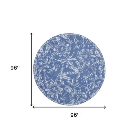 Homeroots 8' Ivory And Blue Floral Distressed Round Rug - Durable, Stain-resistant, Perfect For Kids & Pets!  Polyester 552316