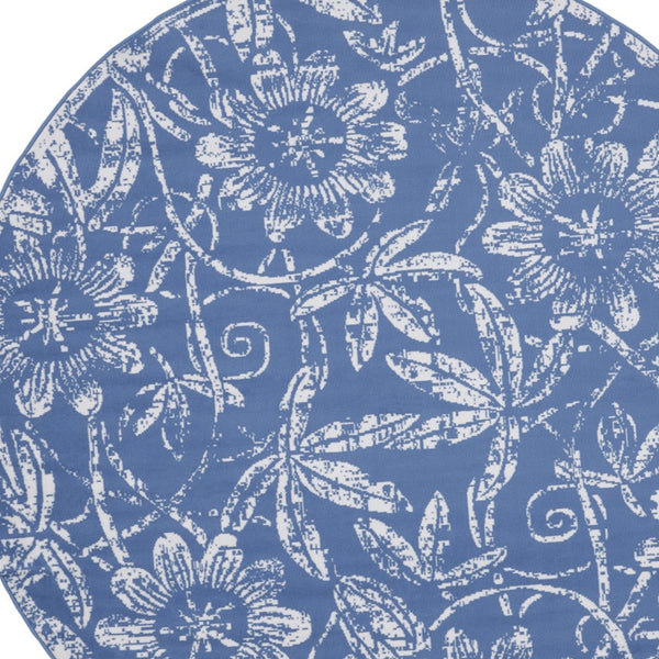 Homeroots 8' Ivory And Blue Floral Distressed Round Rug - Durable, Stain-resistant, Perfect For Kids & Pets!  Polyester 552316