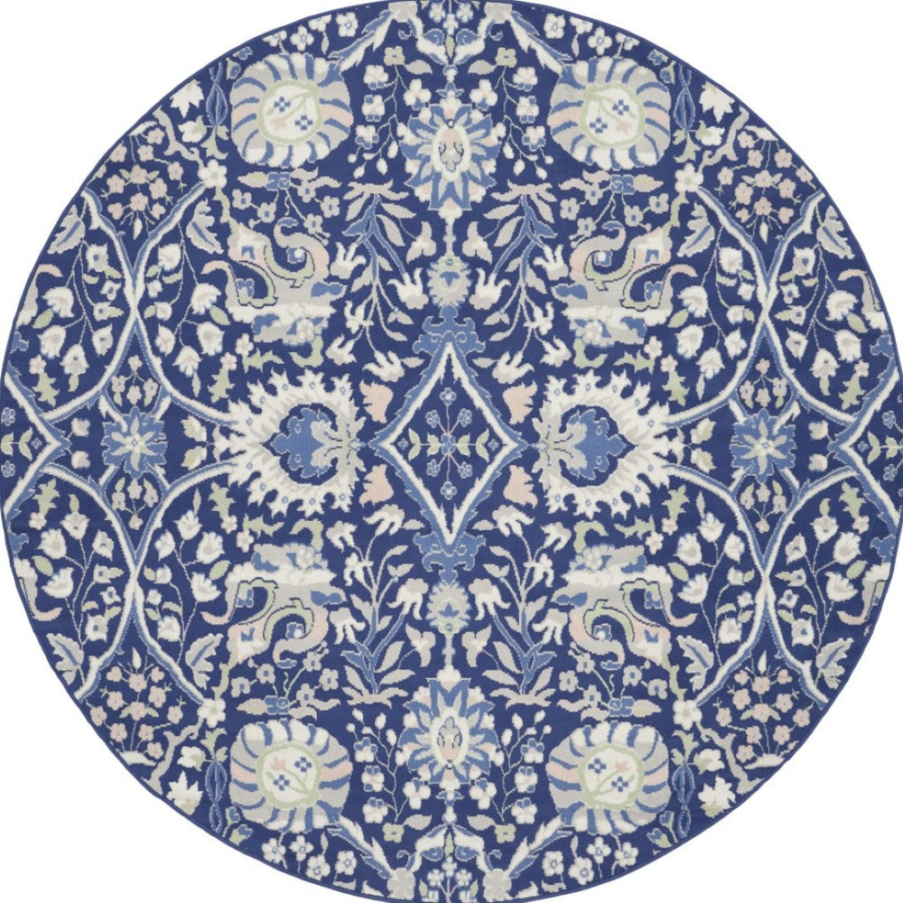 HomeRoots 8' Floral Navy Blue, Ivory, and Beige Rug - Durable, Stain-Resistant Design for Cozy Living Spaces 8' Round 552317