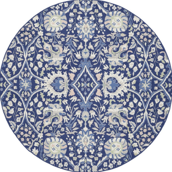 HomeRoots 8' Floral Navy Blue, Ivory, and Beige Rug - Durable, Stain-Resistant Design for Cozy Living Spaces 8' Round 552317