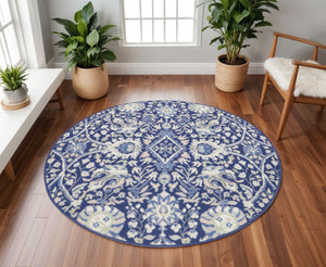 HomeRoots 8' Floral Navy Blue, Ivory, and Beige Rug - Durable, Stain-Resistant Design for Cozy Living Spaces 8' Round 552317