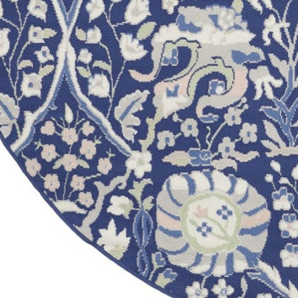 HomeRoots 8' Floral Navy Blue, Ivory, and Beige Rug - Durable, Stain-Resistant Design for Cozy Living Spaces 8' Round 552317