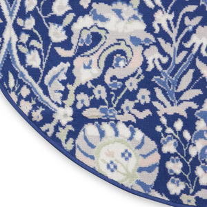 HomeRoots 8' Floral Navy Blue, Ivory, and Beige Rug - Durable, Stain-Resistant Design for Cozy Living Spaces 8' Round 552317