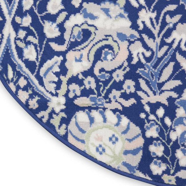 HomeRoots 8' Floral Navy Blue, Ivory, and Beige Rug - Durable, Stain-Resistant Design for Cozy Living Spaces 8' Round 552317