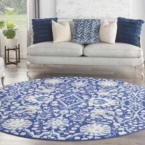 HomeRoots 8' Floral Navy Blue, Ivory, and Beige Rug - Durable, Stain-Resistant Design for Cozy Living Spaces 8' Round 552317