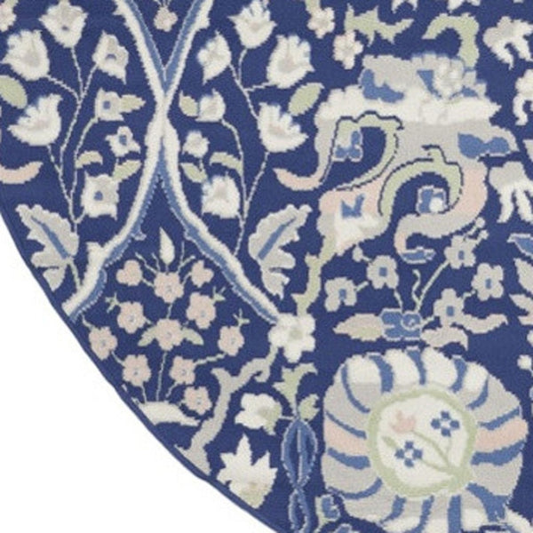 HomeRoots 8' Floral Navy Blue, Ivory, and Beige Rug - Durable, Stain-Resistant Design for Cozy Living Spaces 8' Round 552317