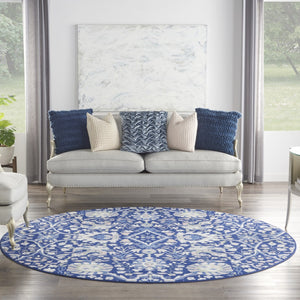HomeRoots 8' Floral Navy Blue, Ivory, and Beige Rug - Durable, Stain-Resistant Design for Cozy Living Spaces 8' Round 552317
