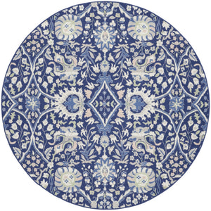 HomeRoots 8' Floral Navy Blue, Ivory, and Beige Rug - Durable, Stain-Resistant Design for Cozy Living Spaces 8' Round 552317
