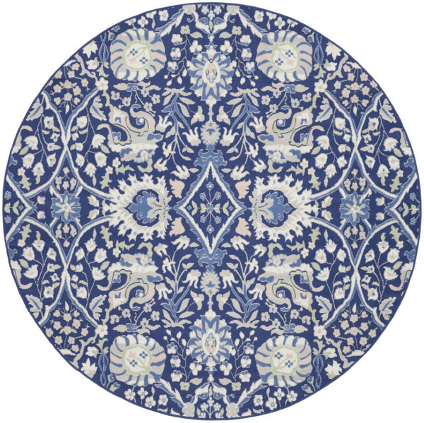 HomeRoots 8' Floral Navy Blue, Ivory, and Beige Rug - Durable, Stain-Resistant Design for Cozy Living Spaces 8' Round 552317