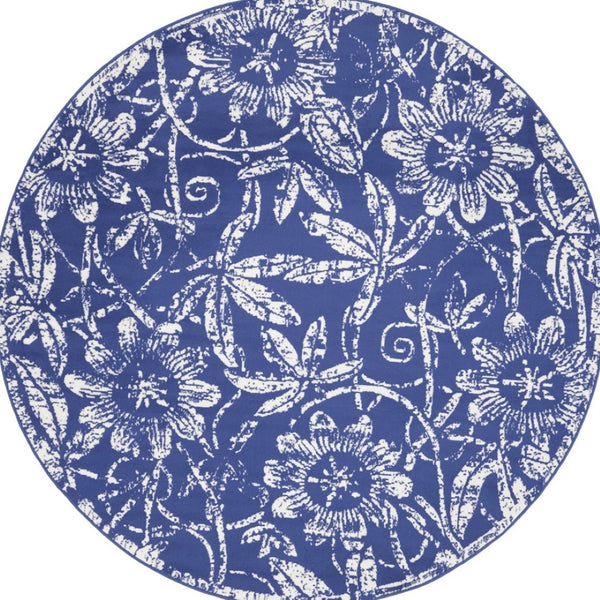 HomeRoots 8' Elegant Ivory and Navy Floral Distressed Rug - Stylish, Durable, Stain-Resistant Design for Any Room 8' Round 552319