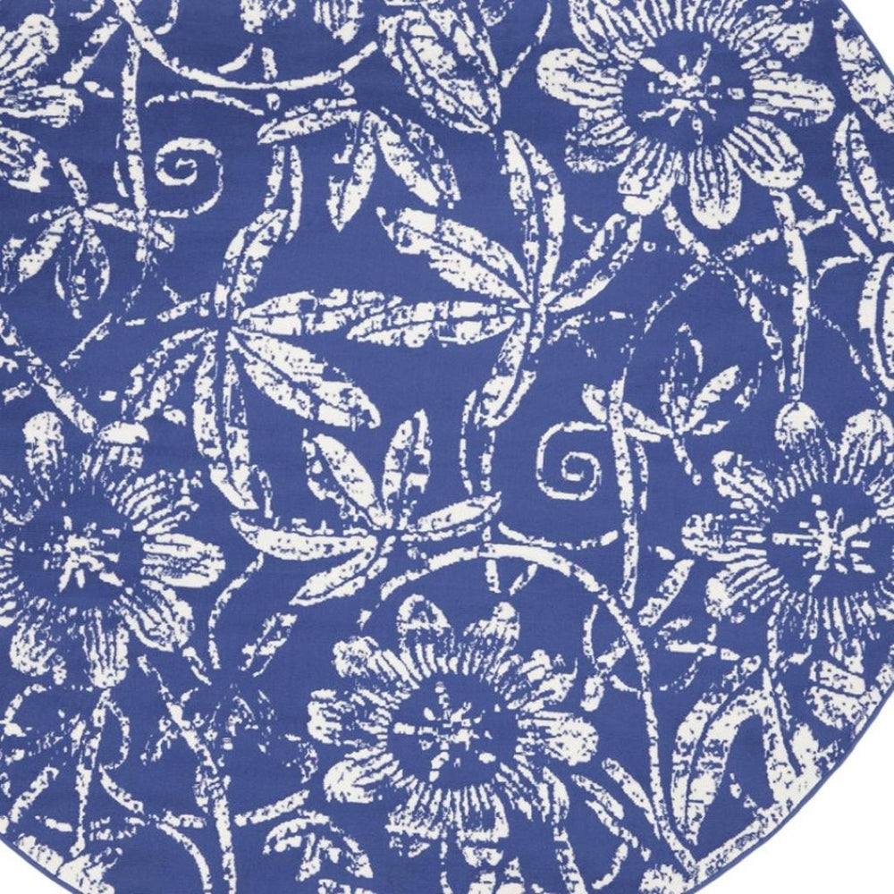 HomeRoots 8' Elegant Ivory and Navy Floral Distressed Rug - Stylish, Durable, Stain-Resistant Design for Any Room 8' Round 552319