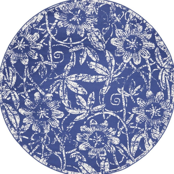 HomeRoots 8' Elegant Ivory and Navy Floral Distressed Rug - Stylish, Durable, Stain-Resistant Design for Any Room 8' Round 552319