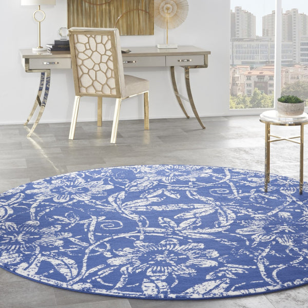HomeRoots 8' Elegant Ivory and Navy Floral Distressed Rug - Stylish, Durable, Stain-Resistant Design for Any Room 8' Round 552319