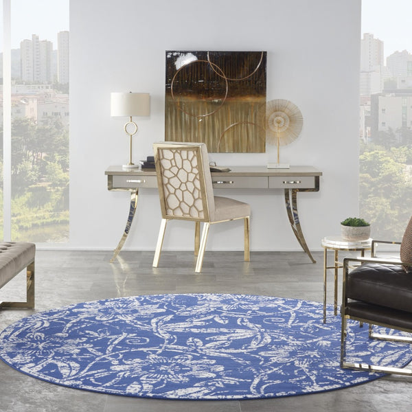 HomeRoots 8' Elegant Ivory and Navy Floral Distressed Rug - Stylish, Durable, Stain-Resistant Design for Any Room 8' Round 552319