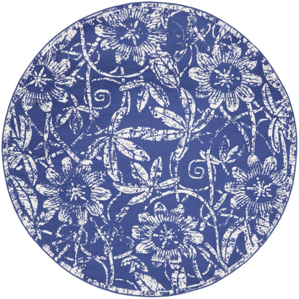 HomeRoots 8' Elegant Ivory and Navy Floral Distressed Rug - Stylish, Durable, Stain-Resistant Design for Any Room 8' Round 552319