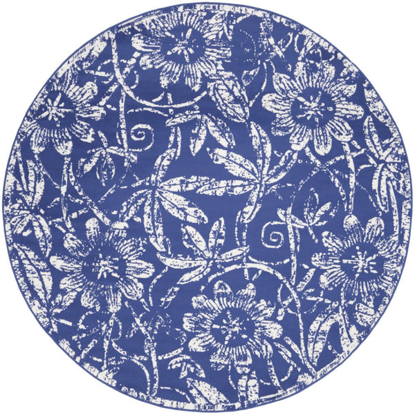 HomeRoots 8' Elegant Ivory and Navy Floral Distressed Rug - Stylish, Durable, Stain-Resistant Design for Any Room 8' Round 552319
