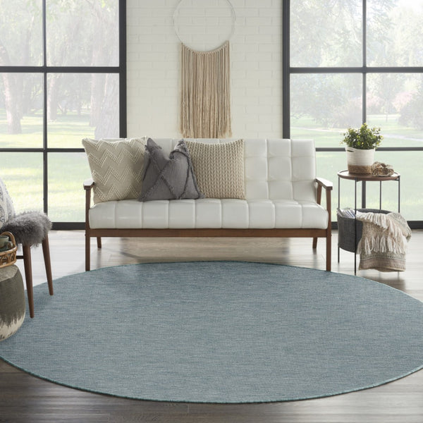 HomeRoots 8' Aqua and Ivory Geometric Round Area Rug – Stylish, Durable, Weather-Resistant for Indoor & Outdoor Use 552320