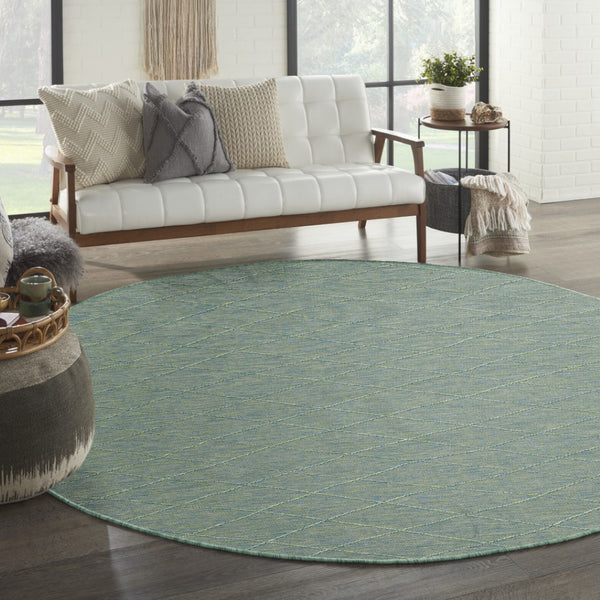 HomeRoots 8' Blue and Green Round Geometric Area Rug - Stylish, Durable, Indoor/Outdoor, Easy-Clean Design 552321
