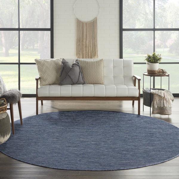 HomeRoots 8' Navy Blue and Ivory Round Geometric Area Rug - Durable, Stylish, Indoor/Outdoor Versatile Decor 552322